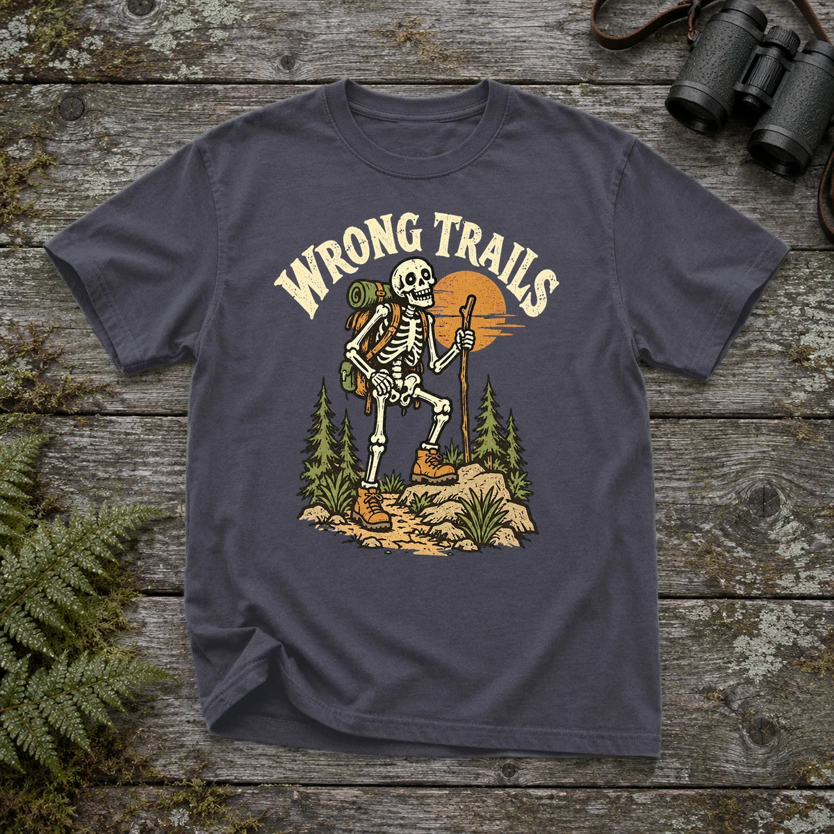 Wrong Trails Skeleton Hiker Graphic Tee on Navy Premium Tee