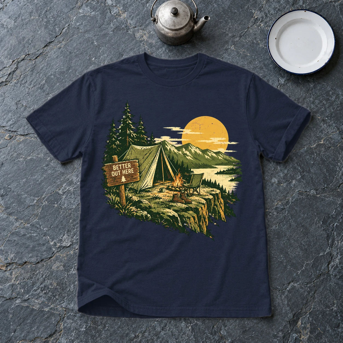 Better Out Here Vintage Camping Graphic Tee on Navy Everyday Soft Tee
