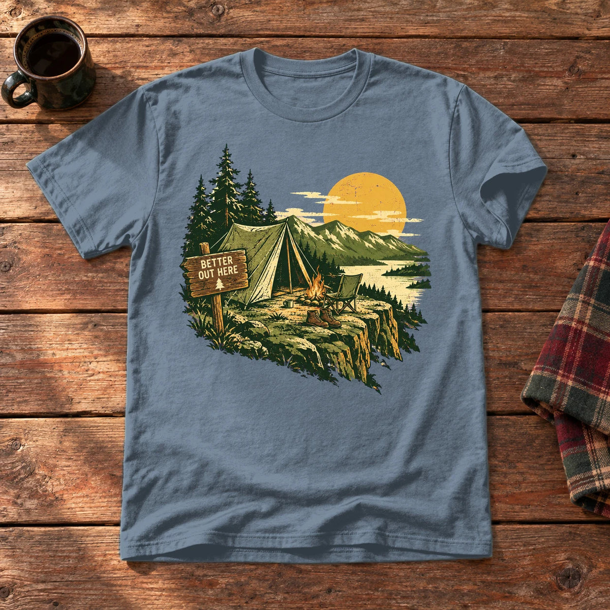Better Out Here Vintage Camping Graphic Tee on Heather Indigo Everyday Soft Tee