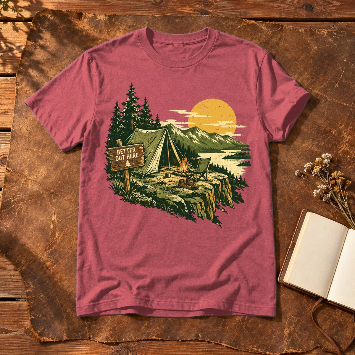 Better Out Here Vintage Camping Graphic Tee on Heather Red Everyday Soft Tee