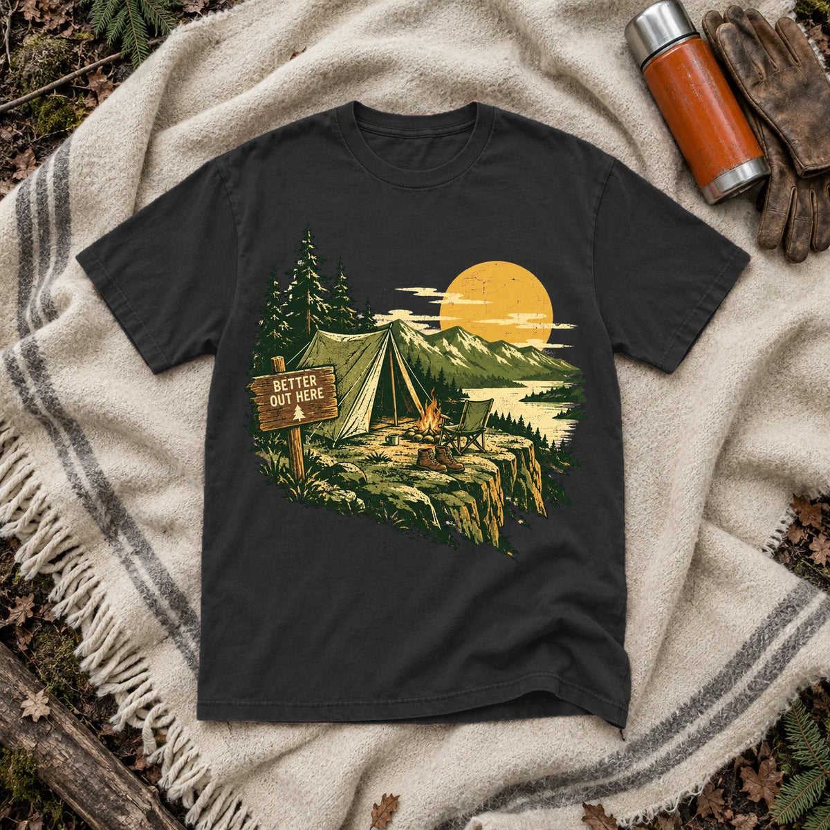 Better Out Here Vintage Camping Graphic Tee on Black Premium Tee