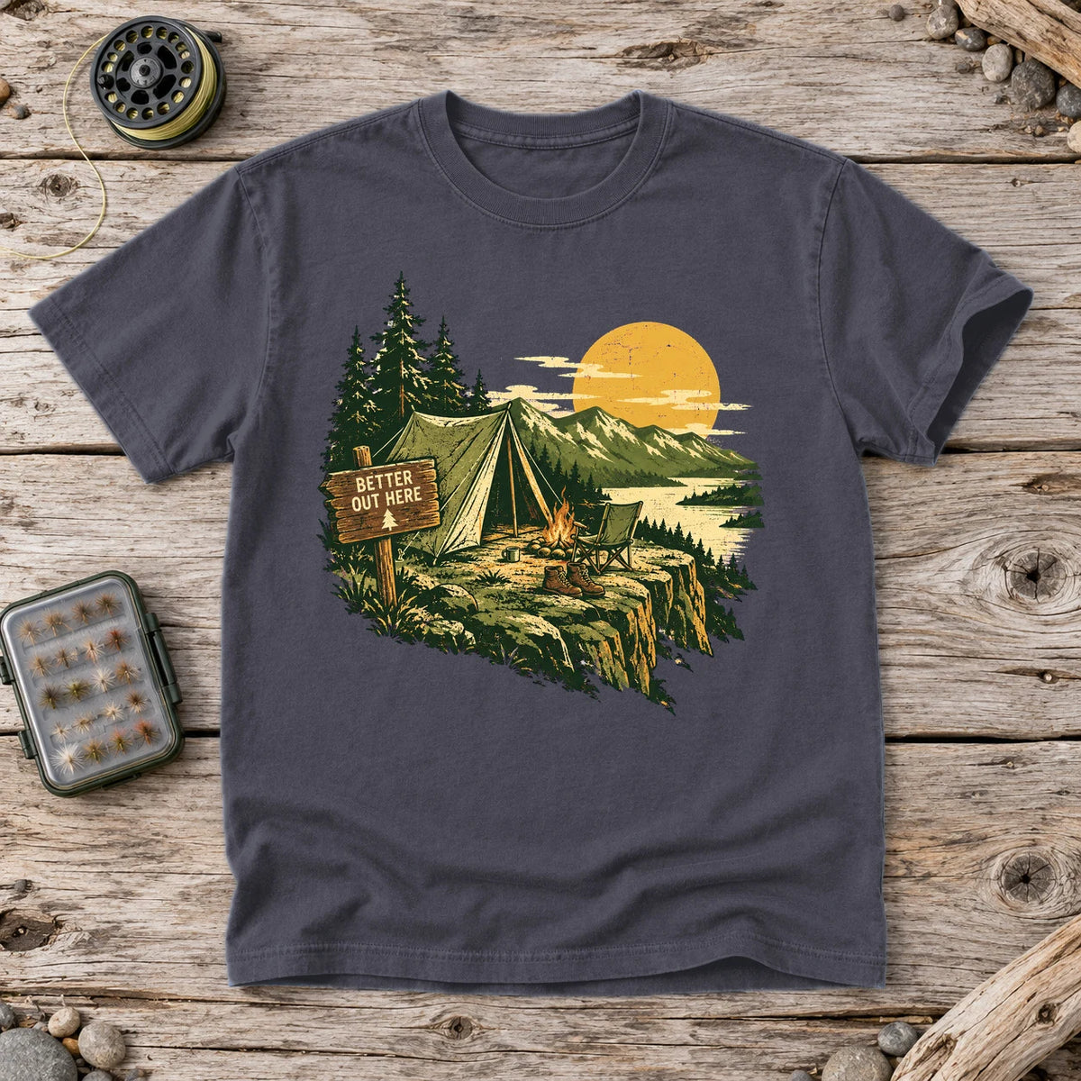 Better Out Here Vintage Camping Graphic Tee on Navy Premium Tee
