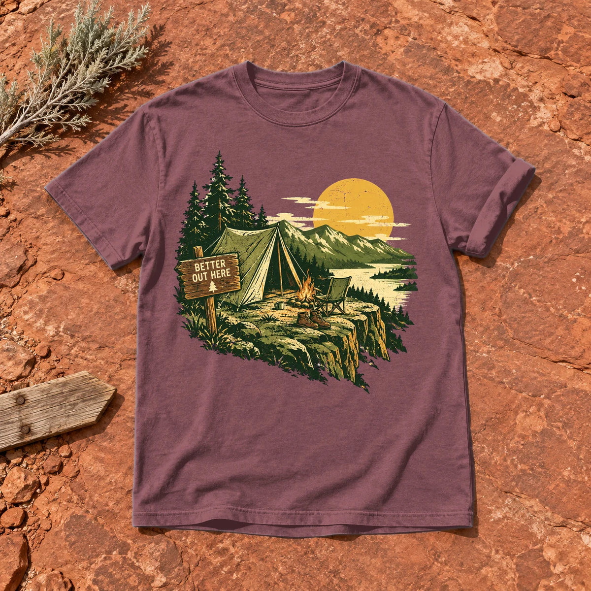 Better Out Here Vintage Camping Graphic Tee on Brick Premium Tee