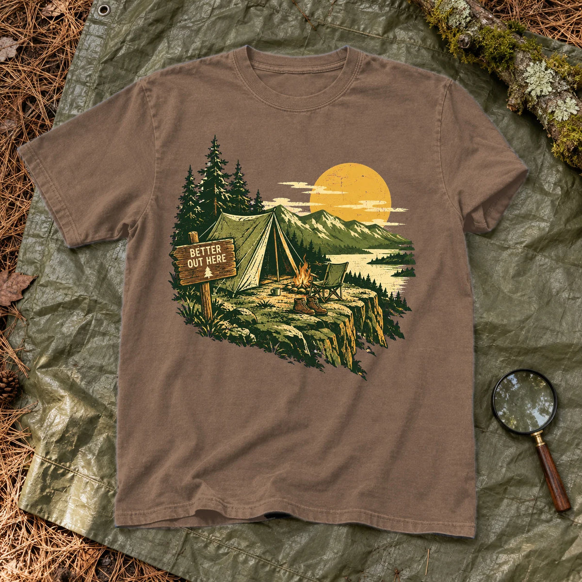 Better Out Here Vintage Camping Graphic Tee on Espresso Premium Tee
