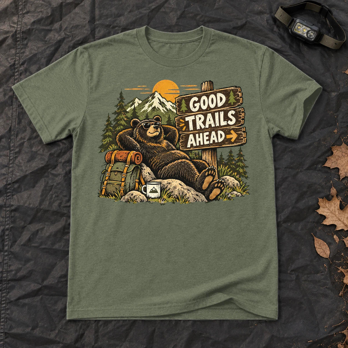 Good Trails Ahead Hiking Bear Graphic Tee on Military Green Everyday Soft Tee