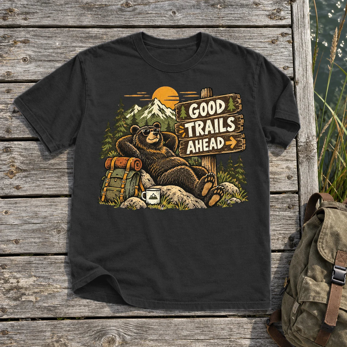Good Trails Ahead Hiking Bear Graphic Tee on Black Premium Tee