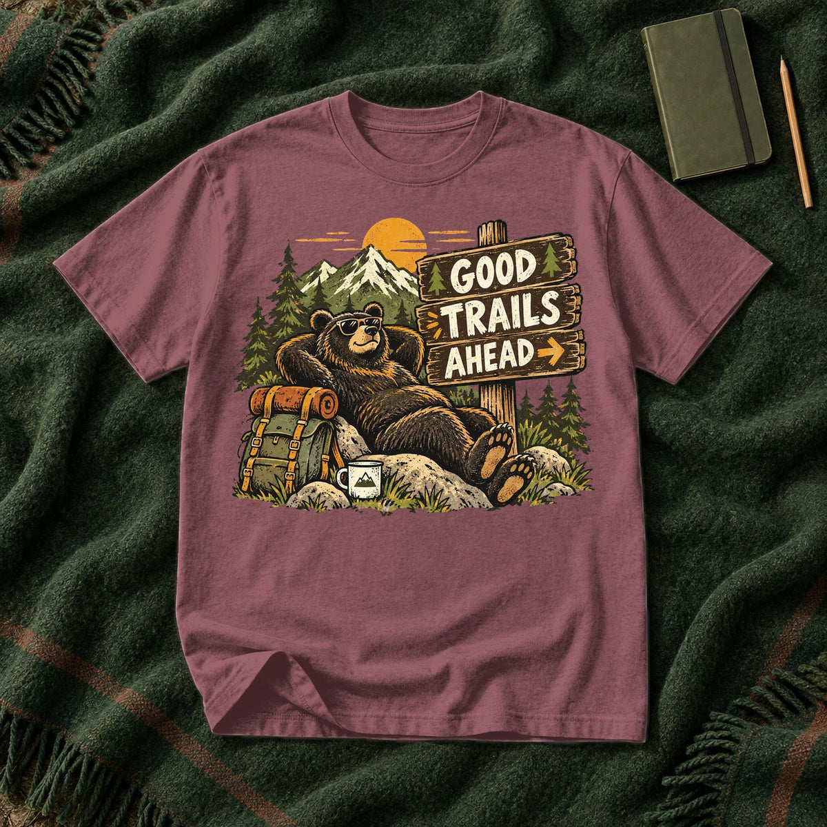 Good Trails Ahead Hiking Bear Graphic Tee on Brick Premium Tee