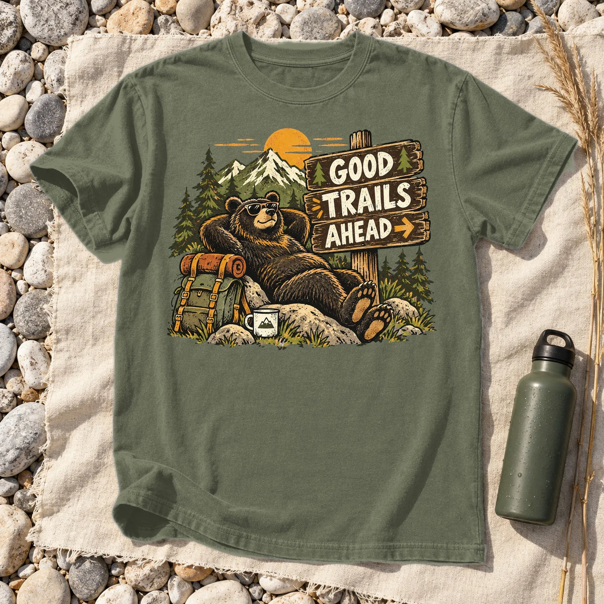 Good Trails Ahead Hiking Bear Graphic Tee on Moss Premium Tee