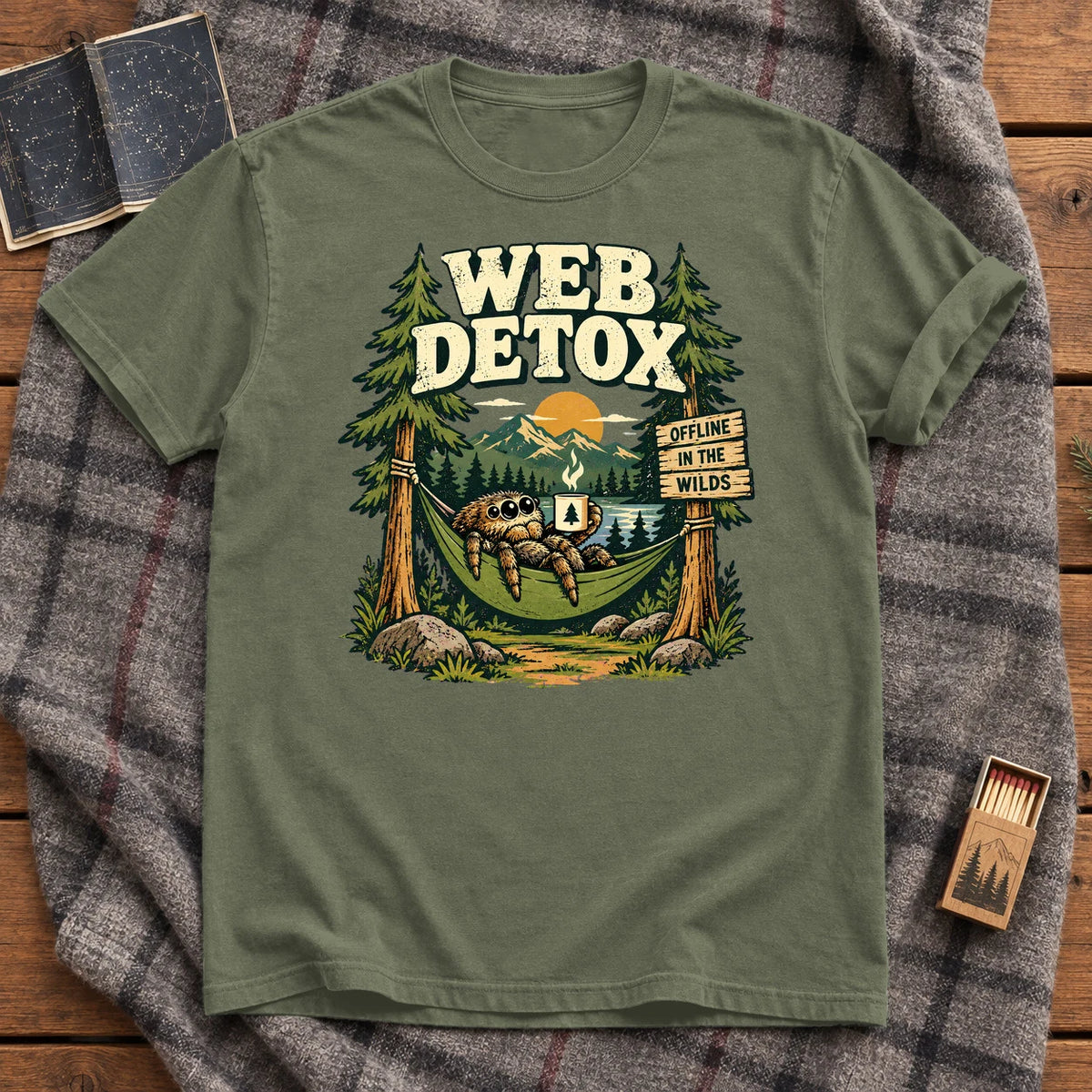 Web Detox Spider Graphic Tee on Moss Premium Tee