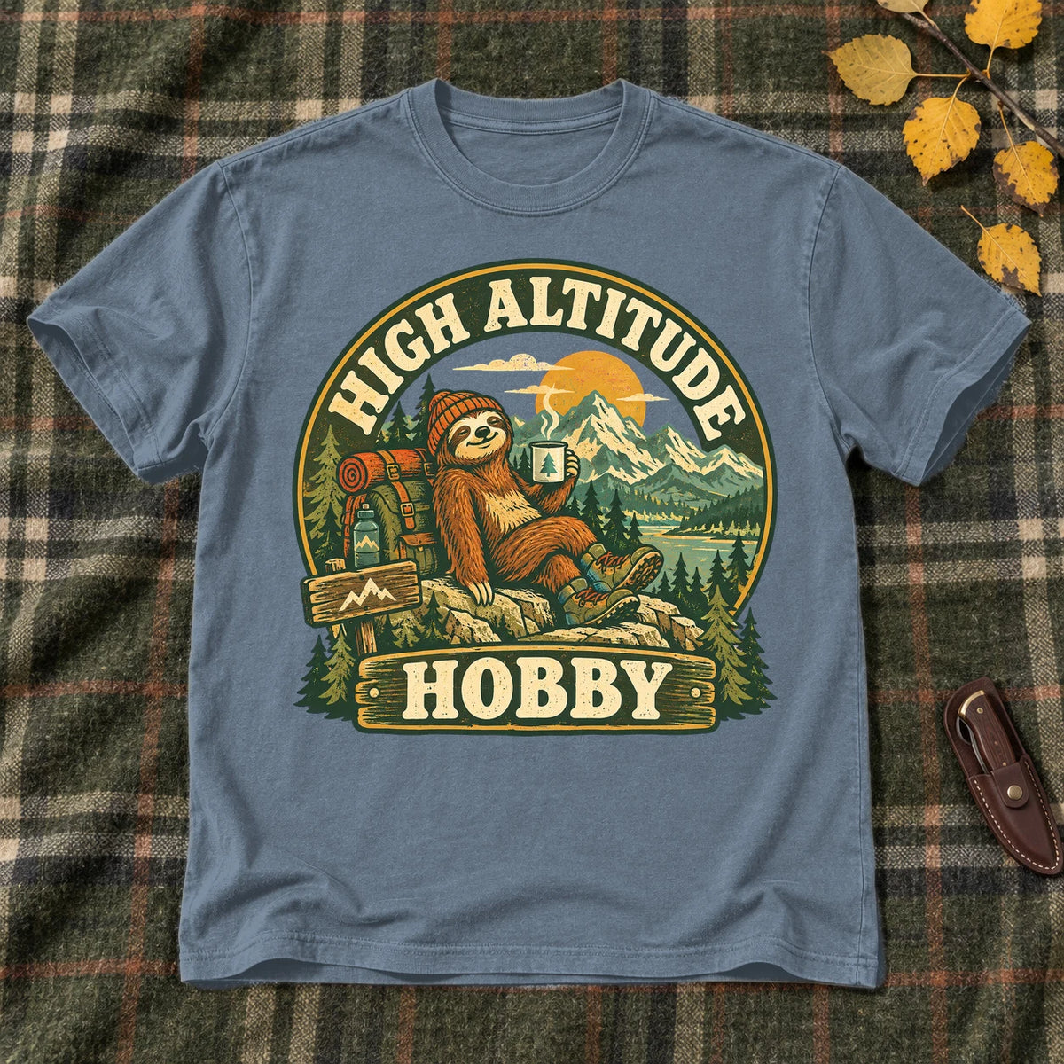 High Altitude Hobby Sloth Graphic Tee on Heather Indigo Everyday Soft Tee