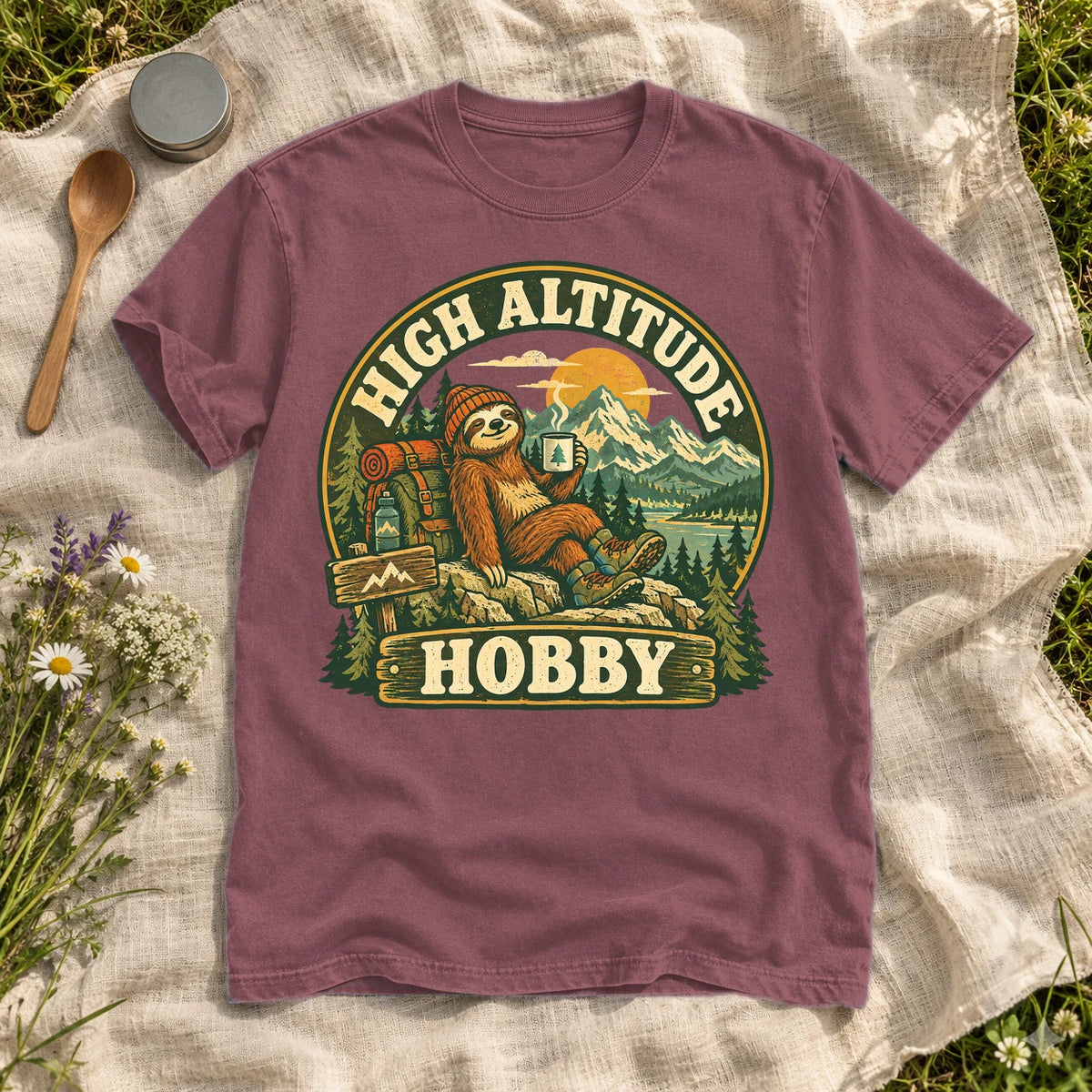 High Altitude Hobby Sloth Graphic Tee on Brick Premium Tee
