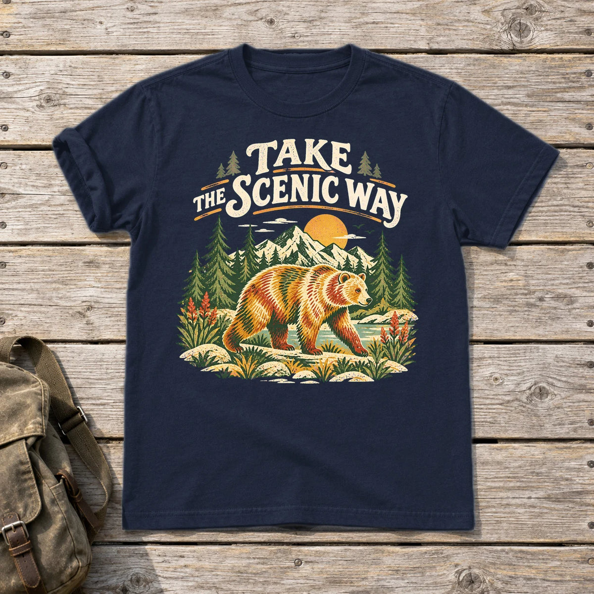 Take The Scenic Way Bear Graphic Tee on Navy Everyday Soft Tee