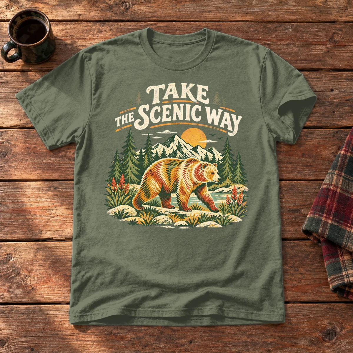 Take The Scenic Way Bear Graphic Tee on Military Green Everyday Soft Tee