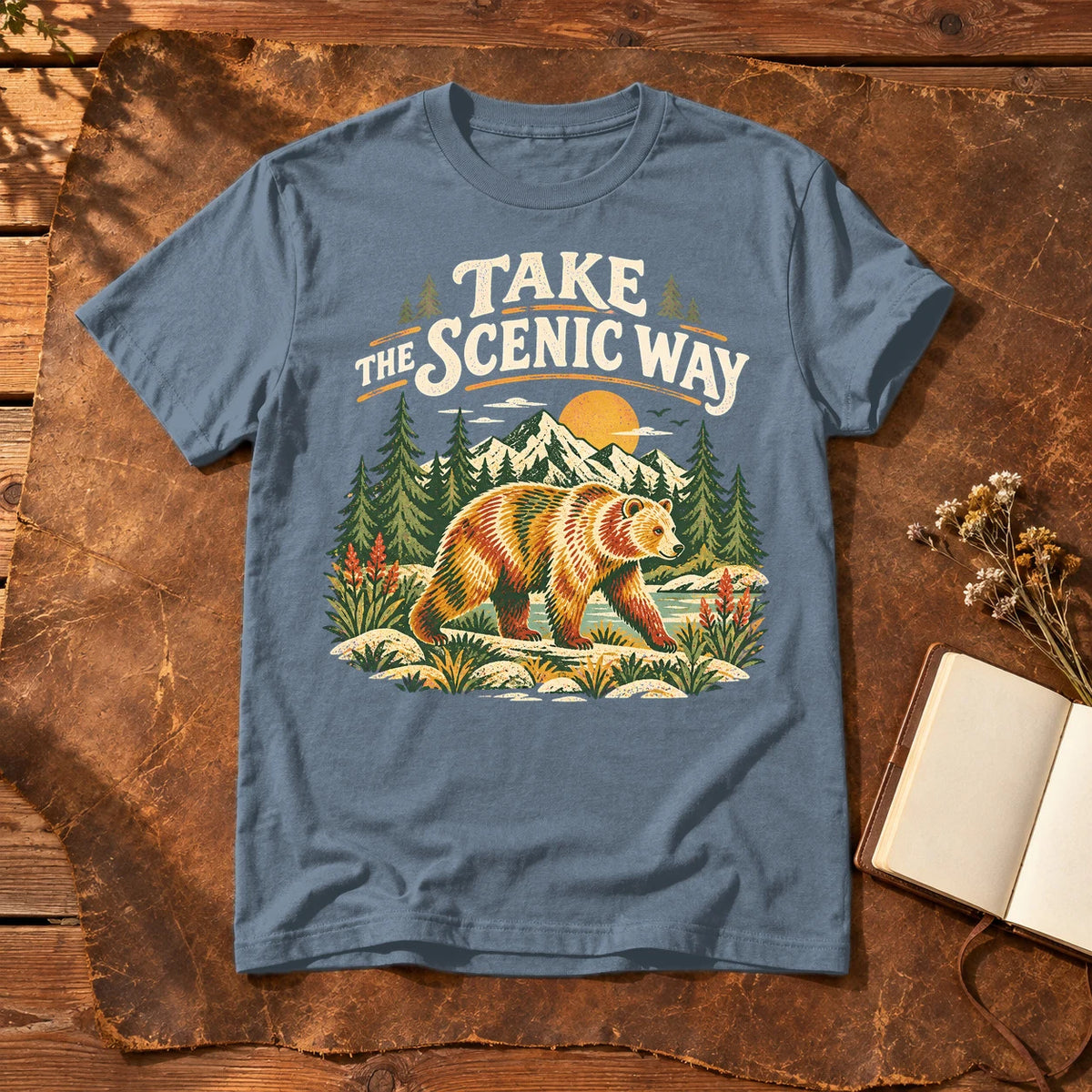 Take The Scenic Way Bear Graphic Tee on Heather Indigo Everyday Soft Tee