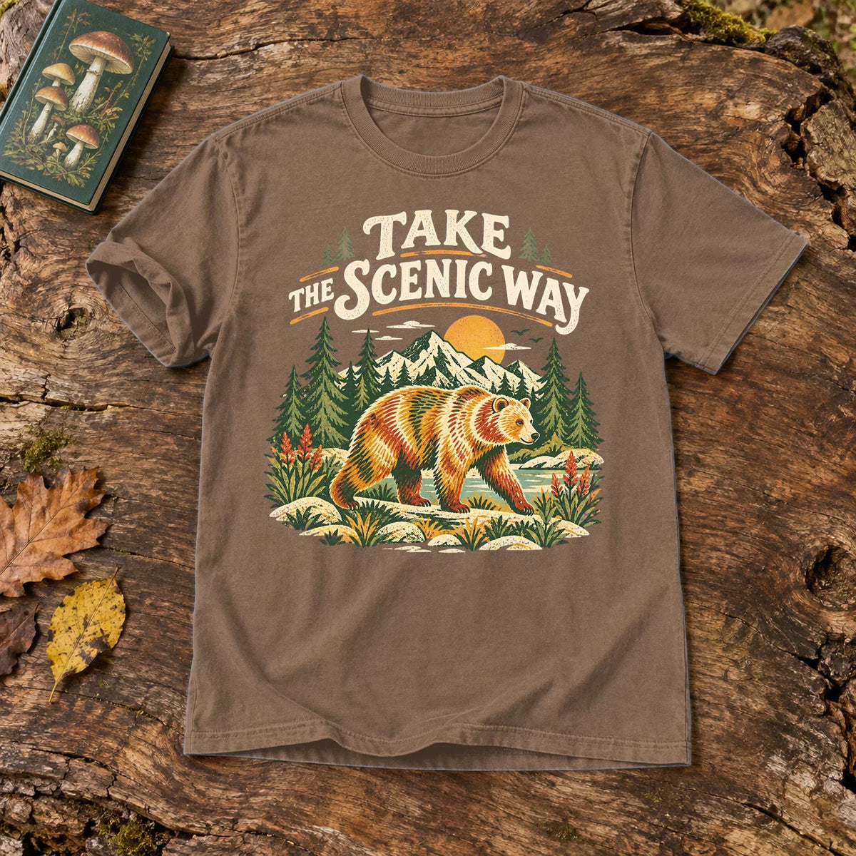 Take The Scenic Way Bear Graphic Tee on Espresso Premium Tee