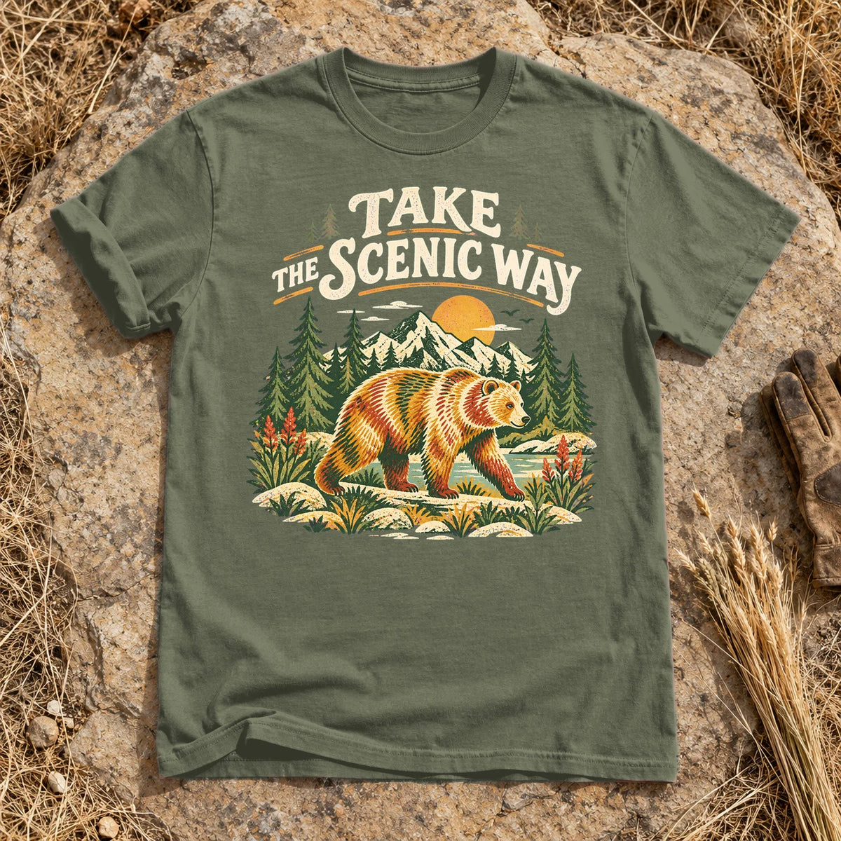 Take The Scenic Way Bear Graphic Tee on Moss Premium Tee