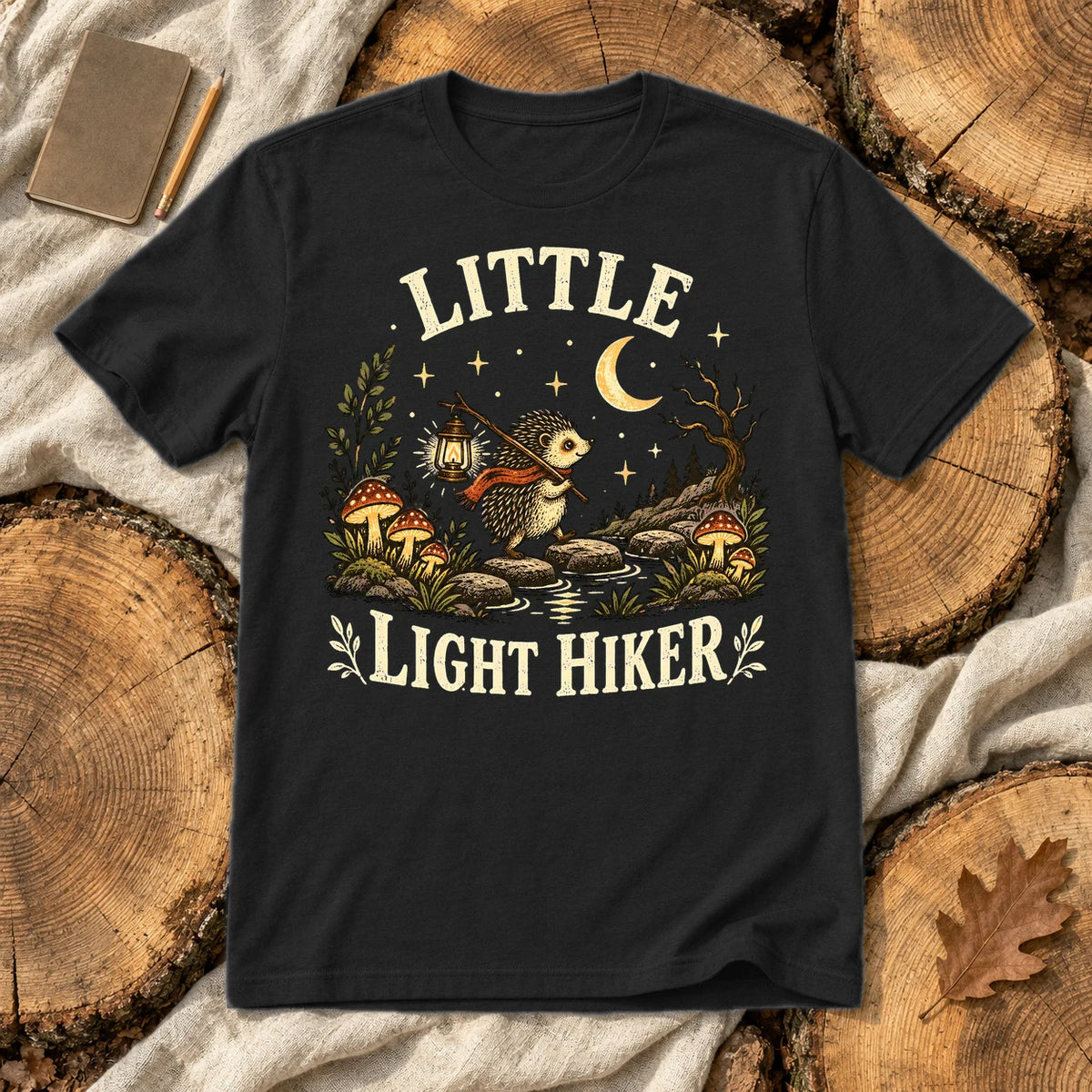 Little Light Hiker Hedgehog Graphic Tee on Black Everyday Soft Tee