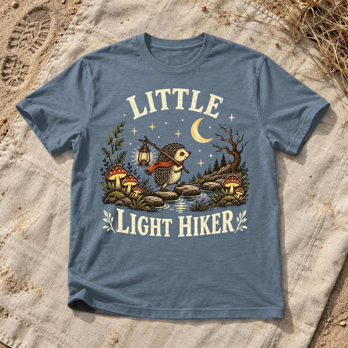Little Light Hiker Hedgehog Graphic Tee on Heather Indigo Everyday Soft Tee