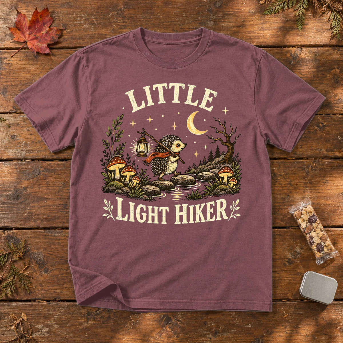 Little Light Hiker Hedgehog Graphic Tee on Brick Premium Tee