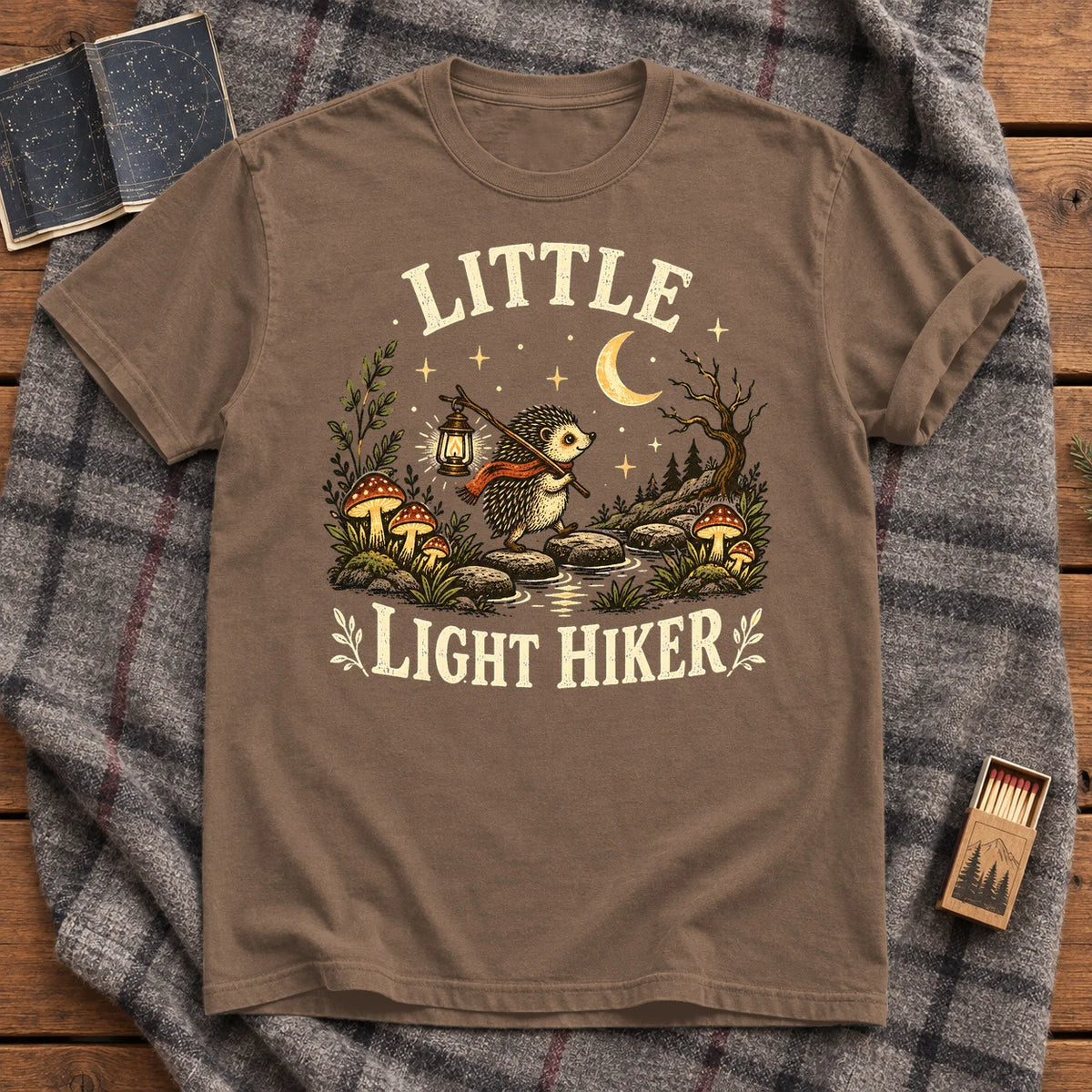 Little Light Hiker Hedgehog Graphic Tee on Espresso Premium Tee