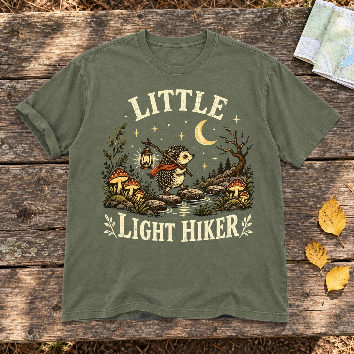 Little Light Hiker Hedgehog Graphic Tee on Moss Premium Tee