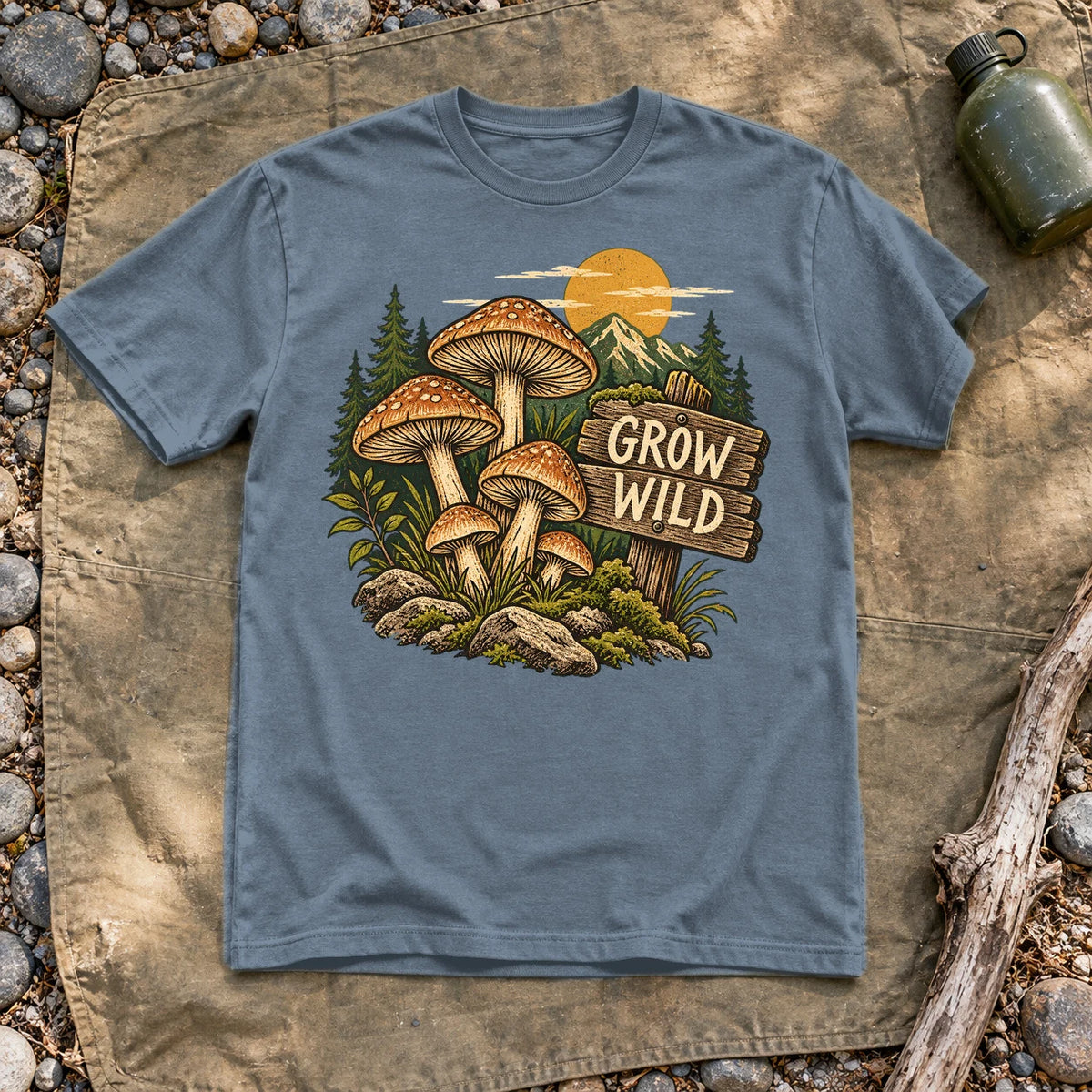 Grow Wild Mushroom Graphic Tee on Heather Indigo Everyday Soft Tee