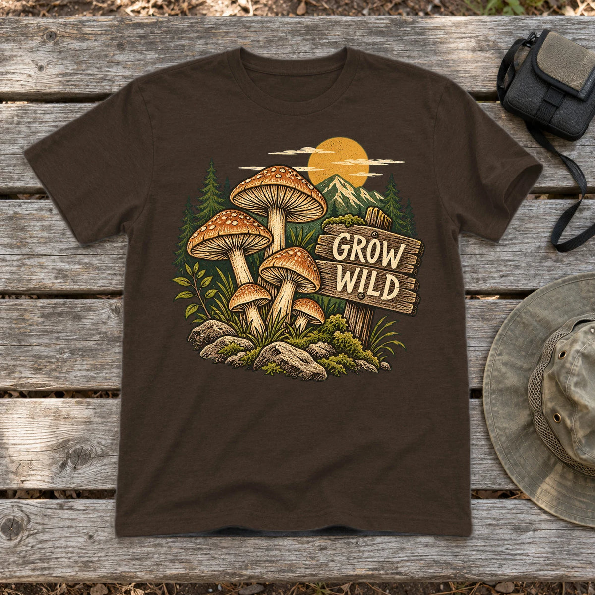 Grow Wild Mushroom Graphic Tee on Dark Chocolate Everyday Soft Tee
