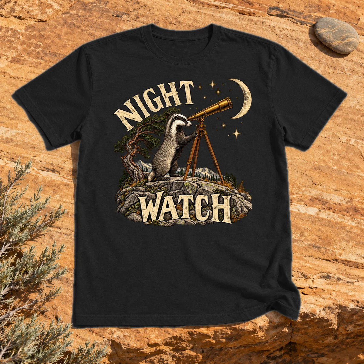 Night Watch Badger Graphic Tee on Black Everyday Soft Tee