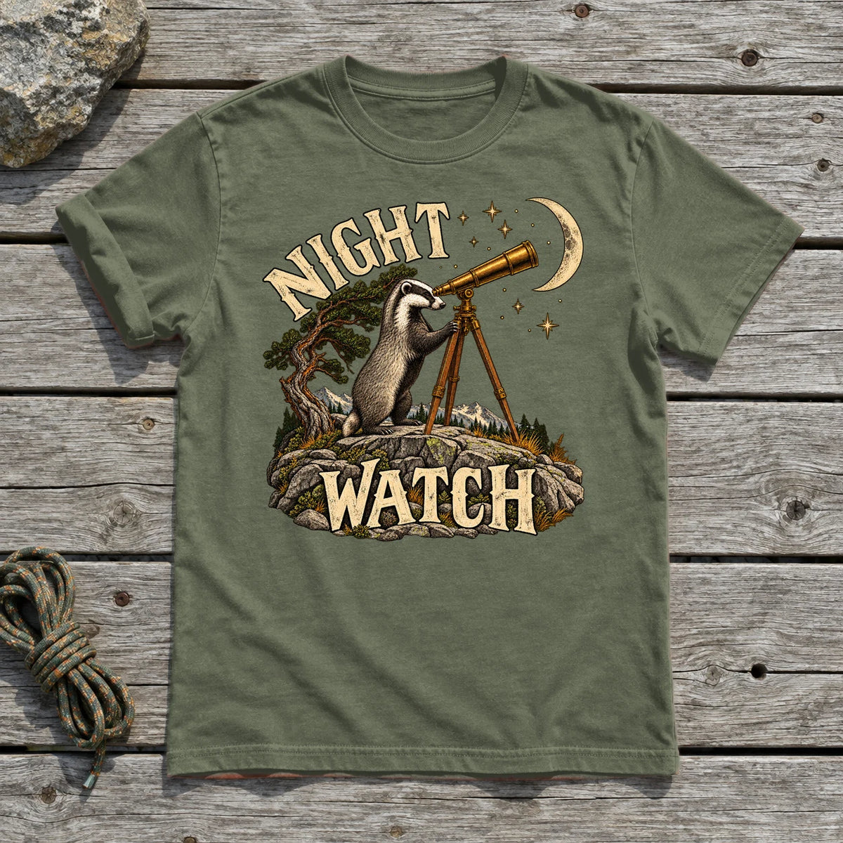 Night Watch Badger Graphic Tee on Military Green Everyday Soft Tee