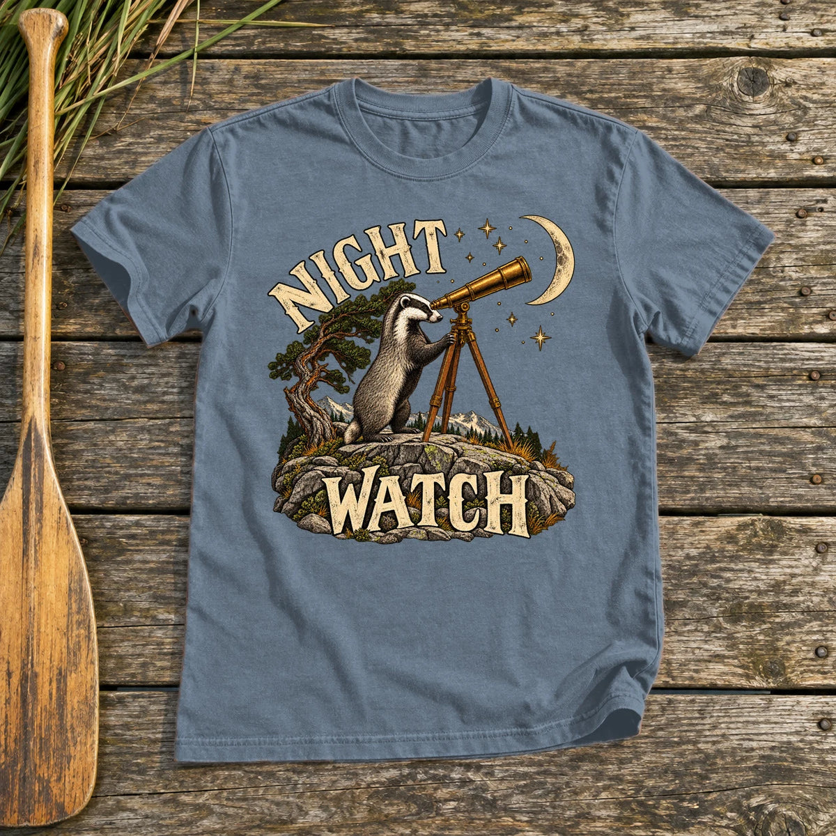 Night Watch Badger Graphic Tee on Heather Indigo Everyday Soft Tee