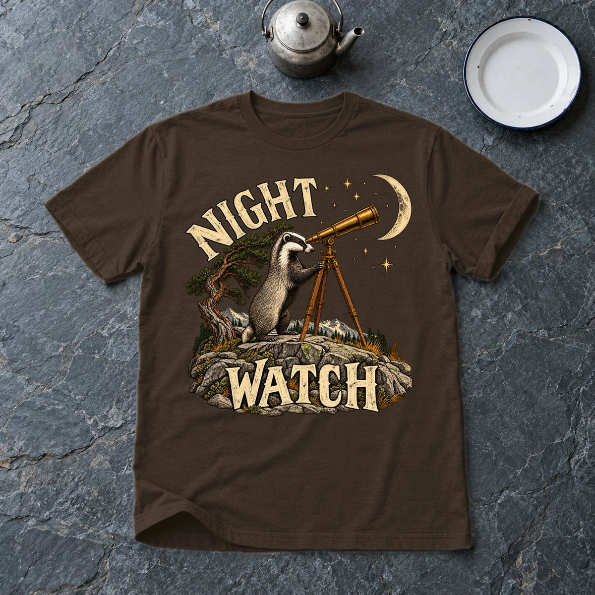 Night Watch Badger Graphic Tee on Dark Chocolate Everyday Soft Tee