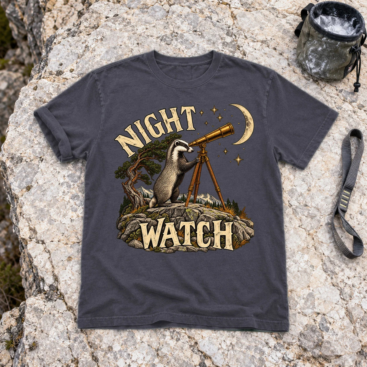 Night Watch Badger Graphic Tee on Navy Premium Tee