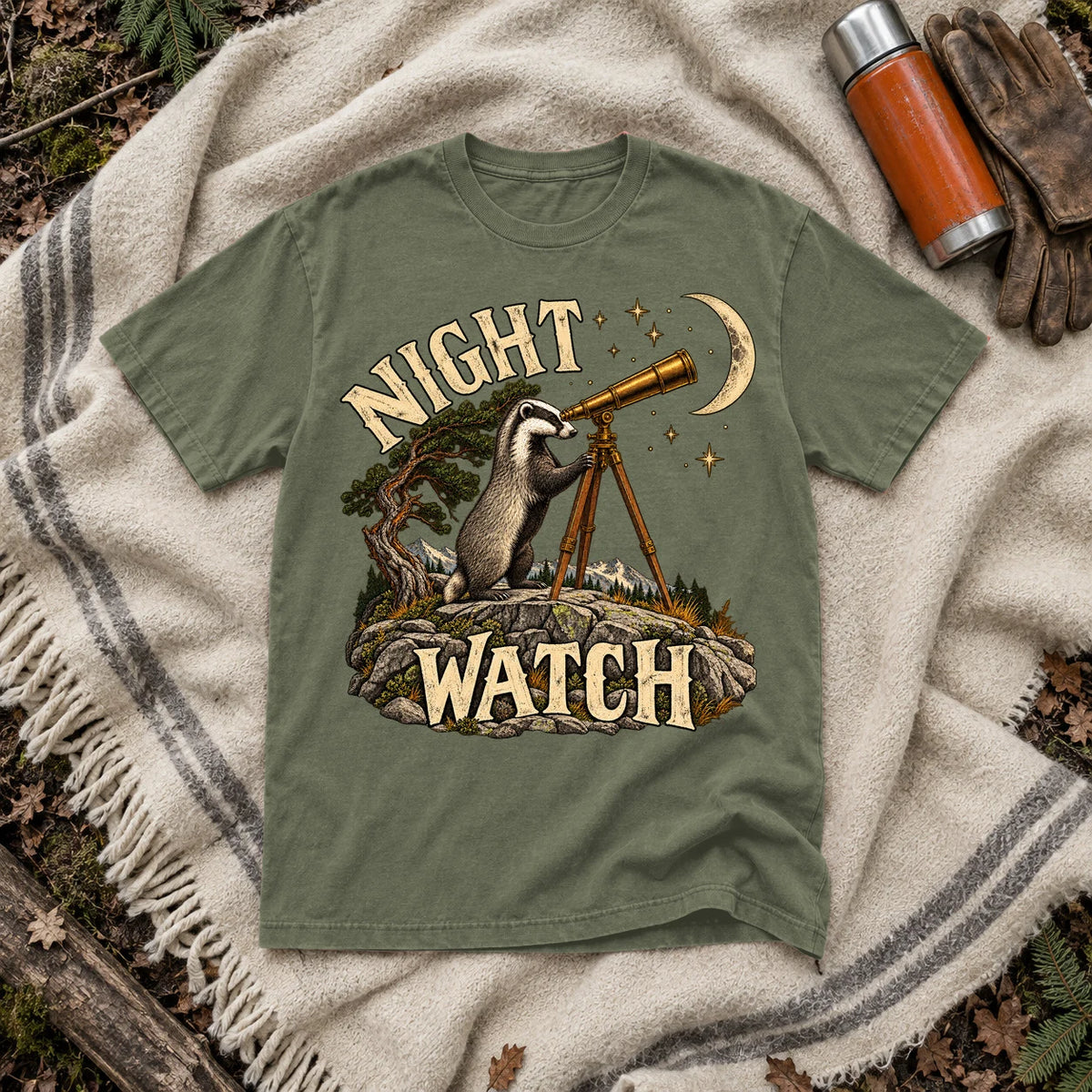 Night Watch Badger Graphic Tee on Moss Premium Tee