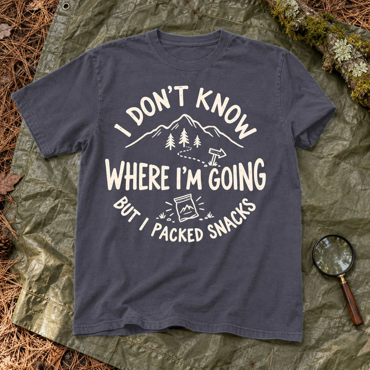 Lost But Packed Snacks Graphic Tee on Navy Premium Tee