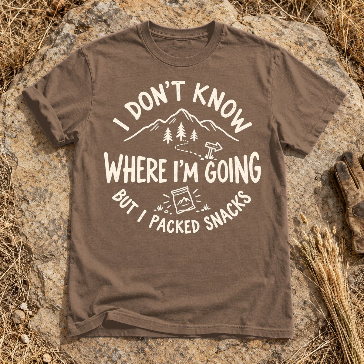 Lost But Packed Snacks Graphic Tee on Espresso Premium Tee