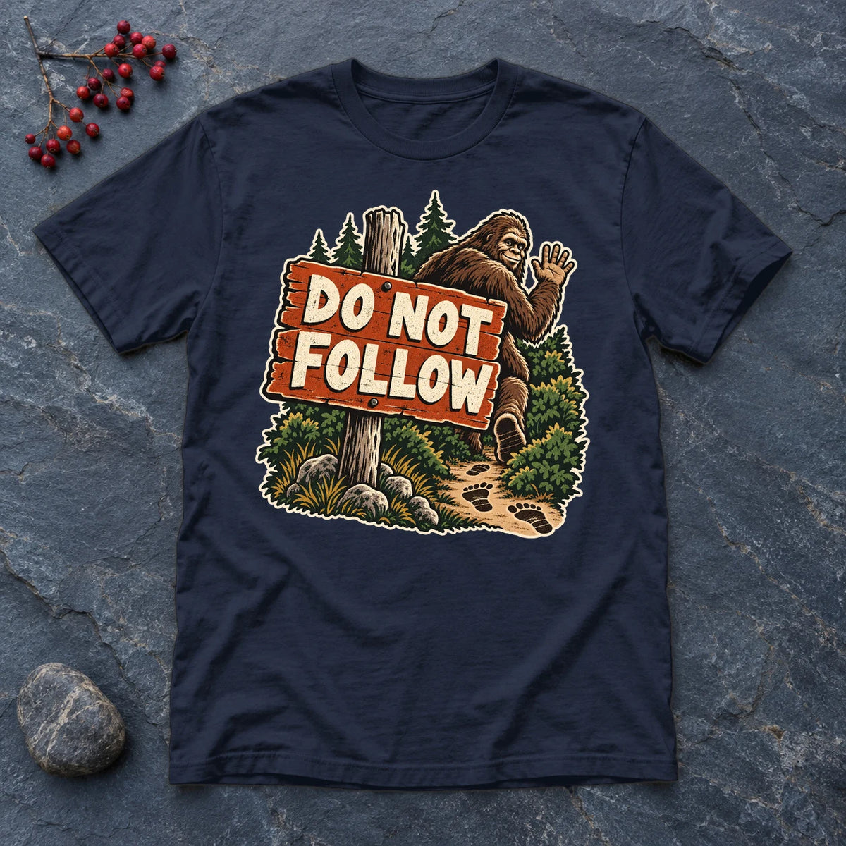Do Not Follow Vintage Bigfoot Graphic Tee on Navy Everyday Soft Tee