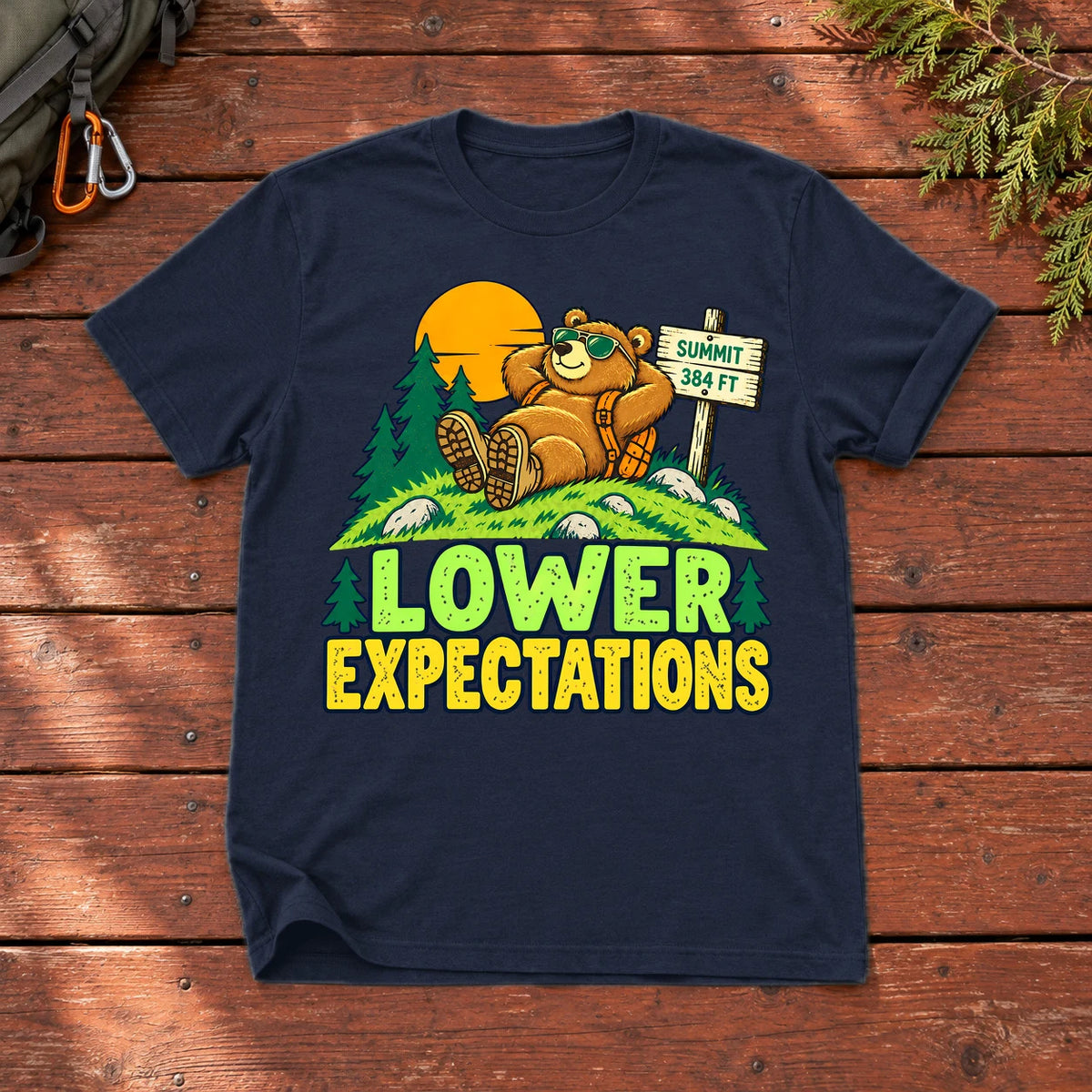 Lower Expectations Hiking Bear Graphic Tee on Navy Everyday Soft Tee