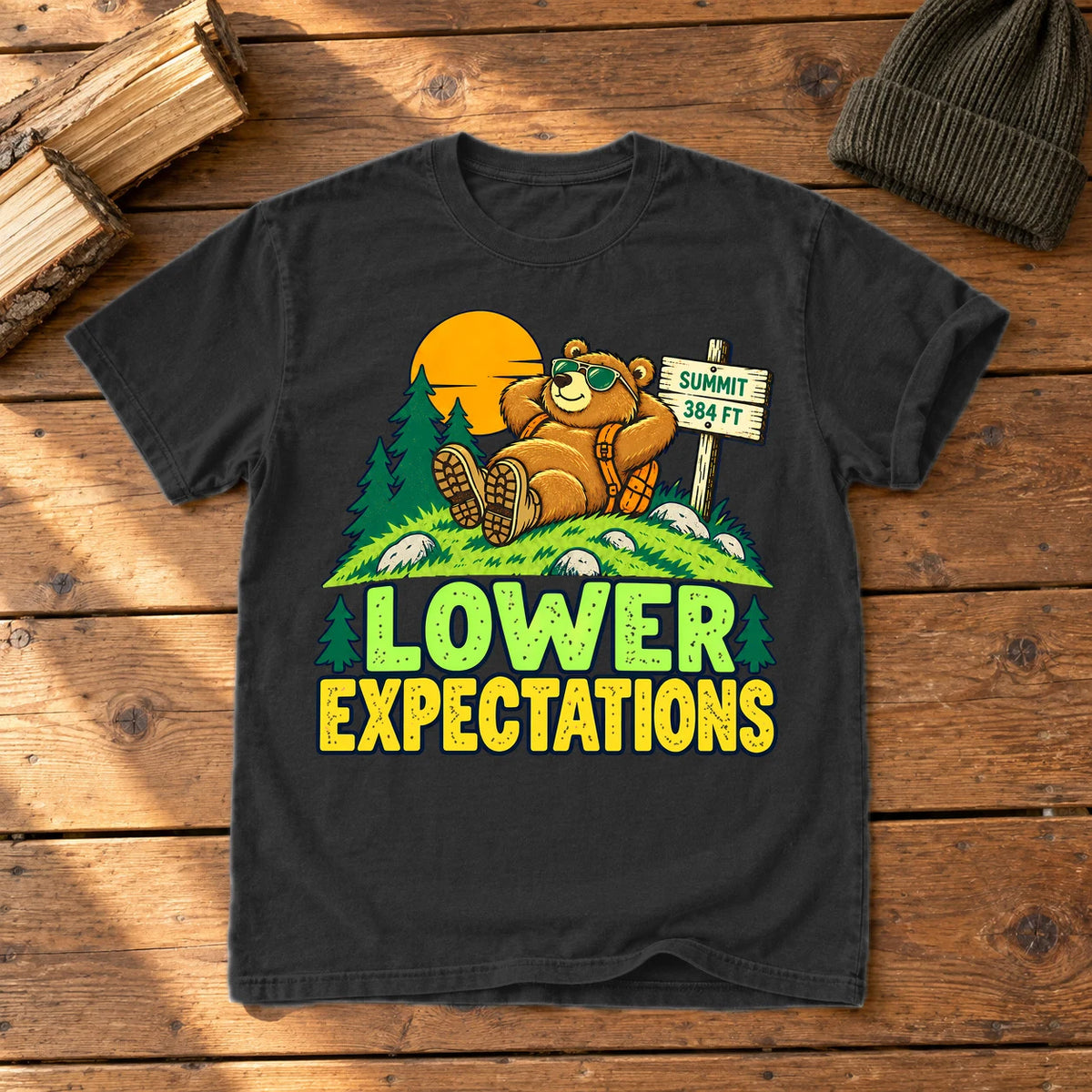 Lower Expectations Hiking Bear Graphic Tee on Black Premium Tee