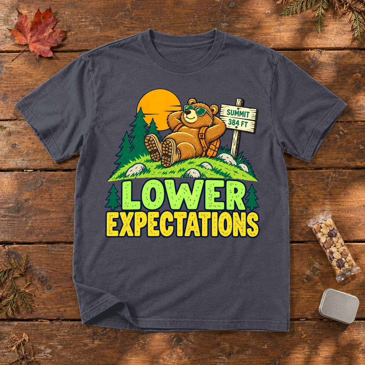 Lower Expectations Hiking Bear Graphic Tee on Navy Premium Tee