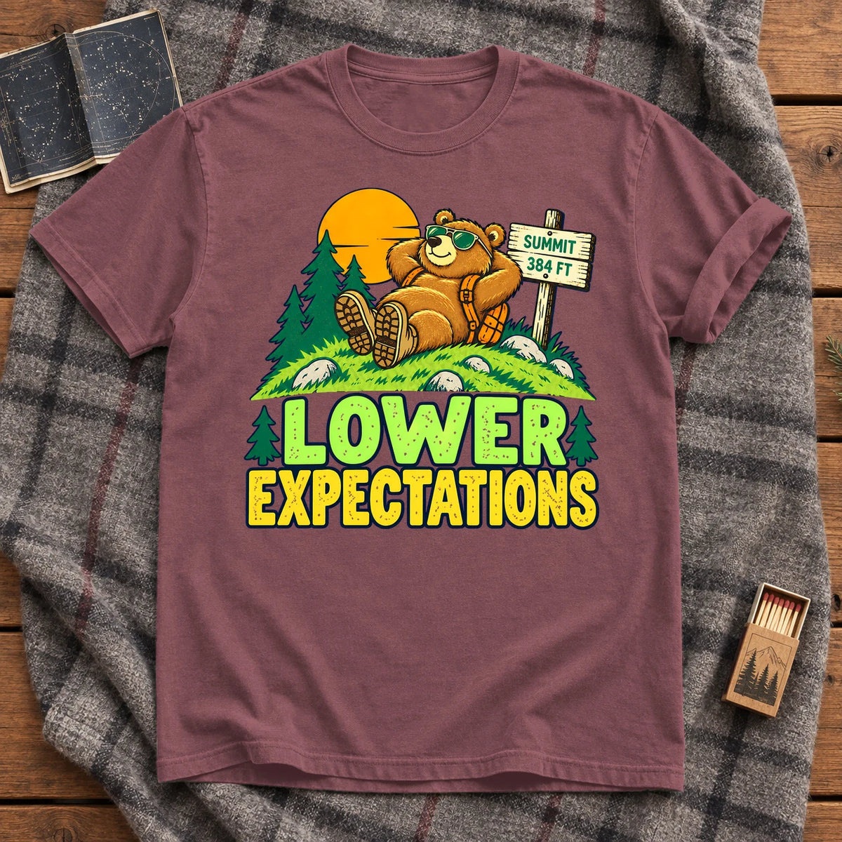 Lower Expectations Hiking Bear Graphic Tee on Brick Premium Tee