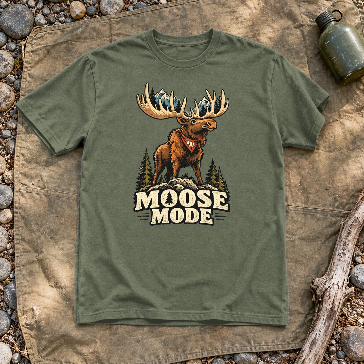 Moose Mode Vintage Graphic Tee on Military Green Everyday Soft Tee