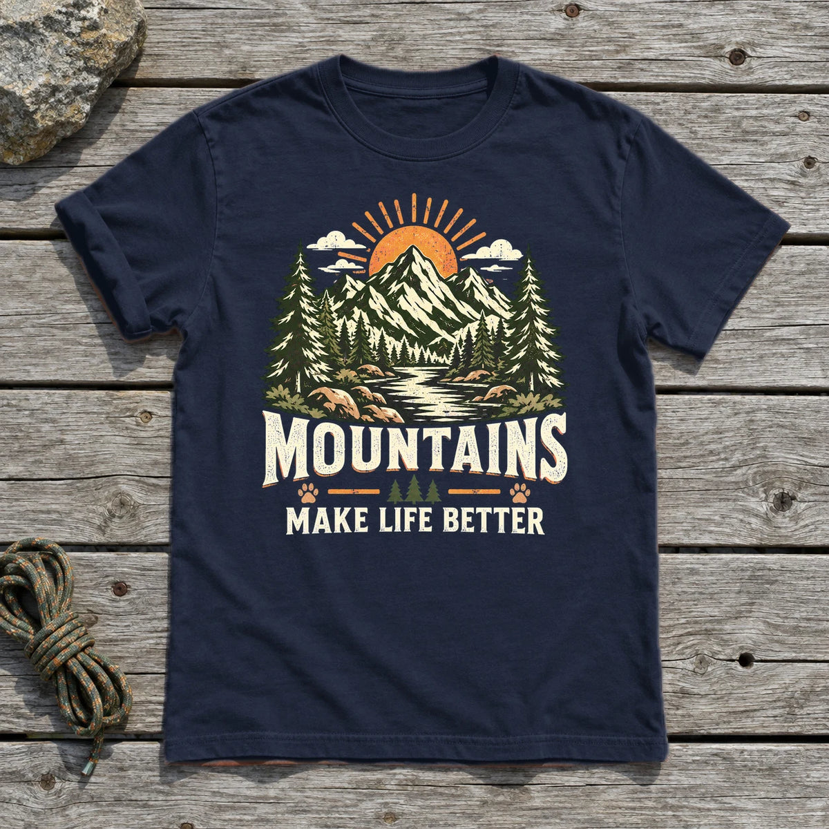 Mountains Make Life Better Graphic Tee on Navy Everyday Soft Tee