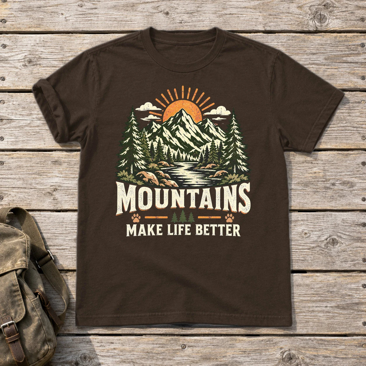 Mountains Make Life Better Graphic Tee on Dark Chocolate Everyday Soft Tee