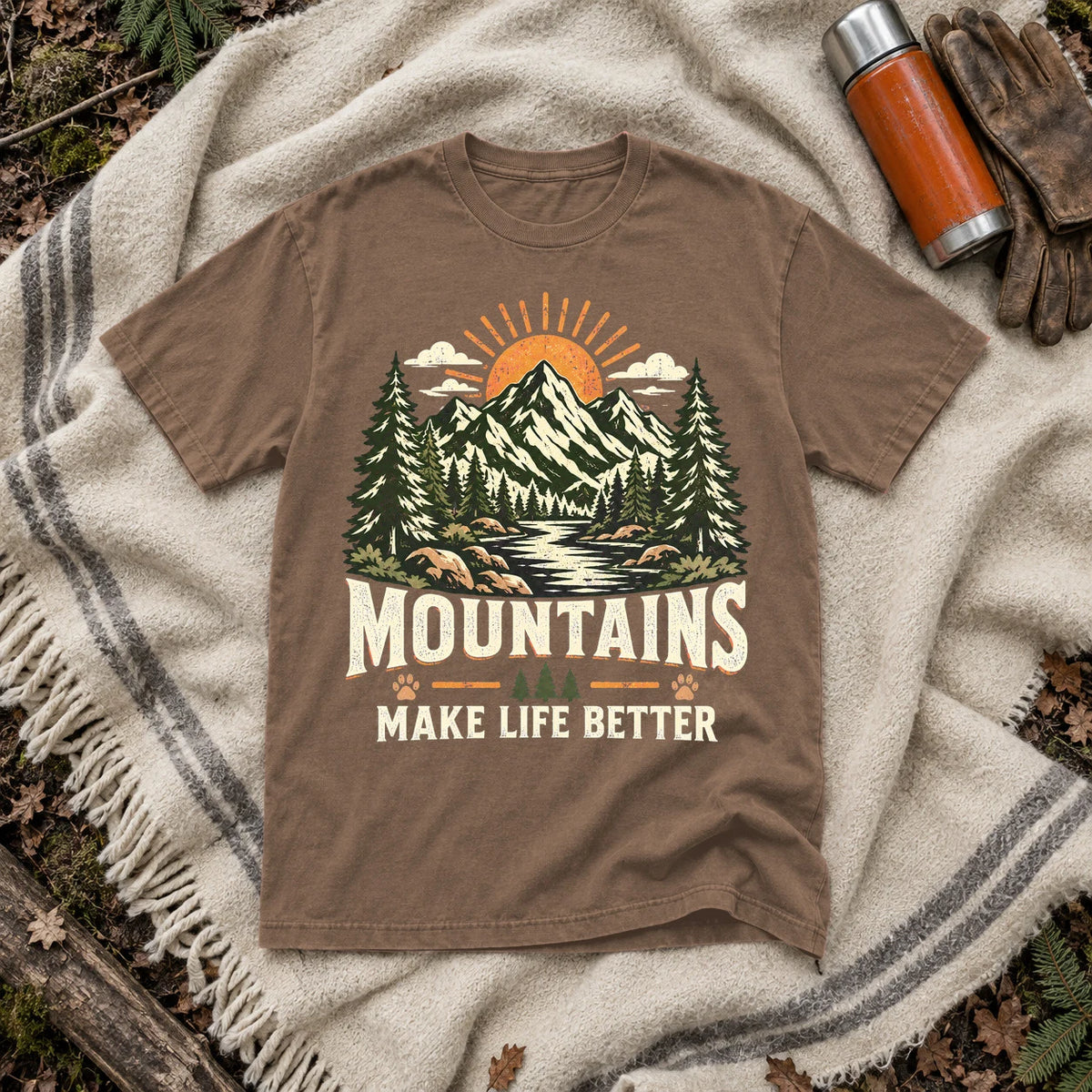 Mountains Make Life Better Graphic Tee on Espresso Premium Tee
