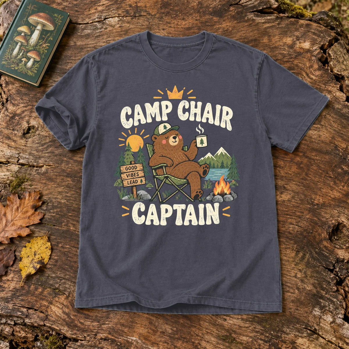 Camp Chair Captain Graphic Tee on Navy Premium Tee