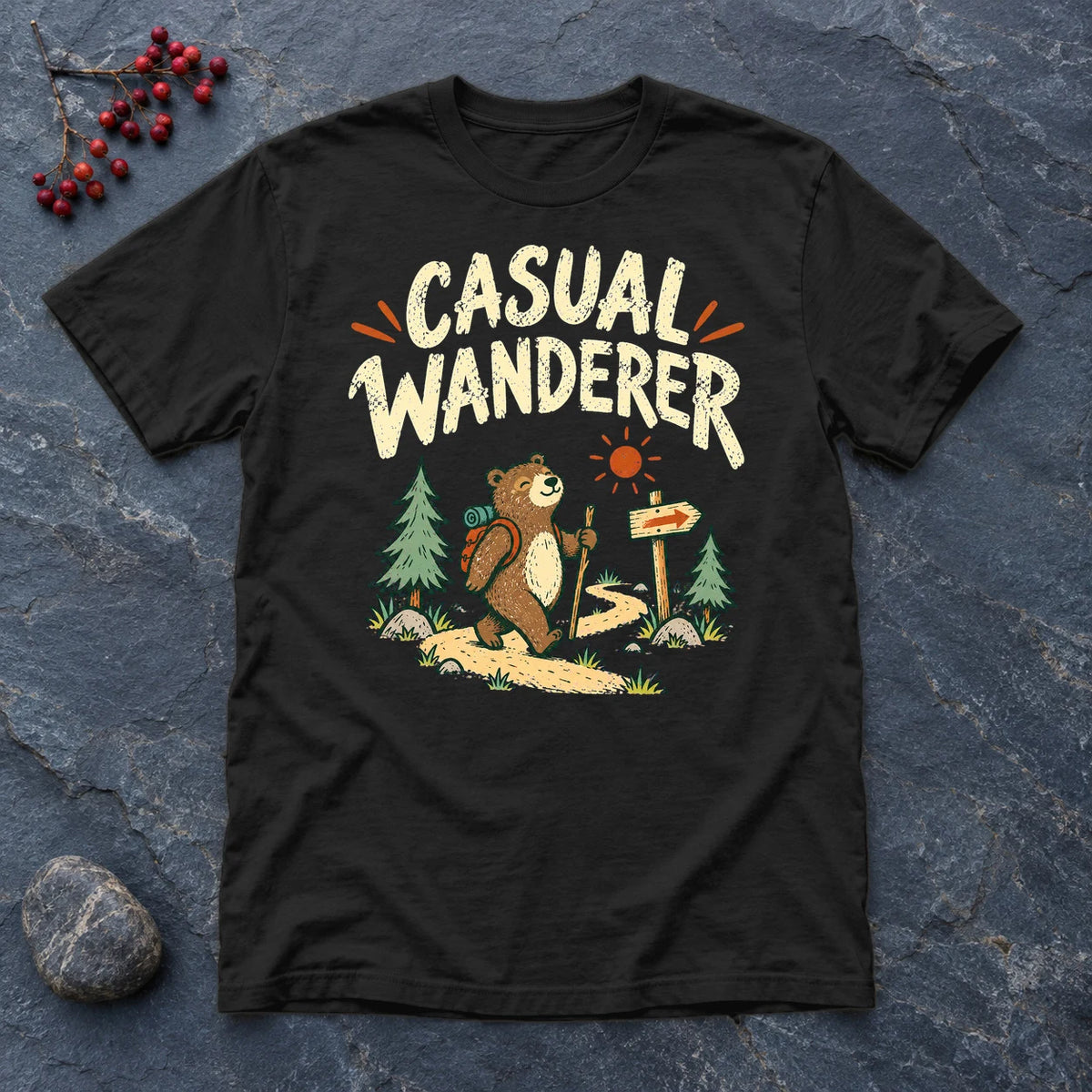 Casual Wanderer Bear Graphic Tee on Black Everyday Soft Tee