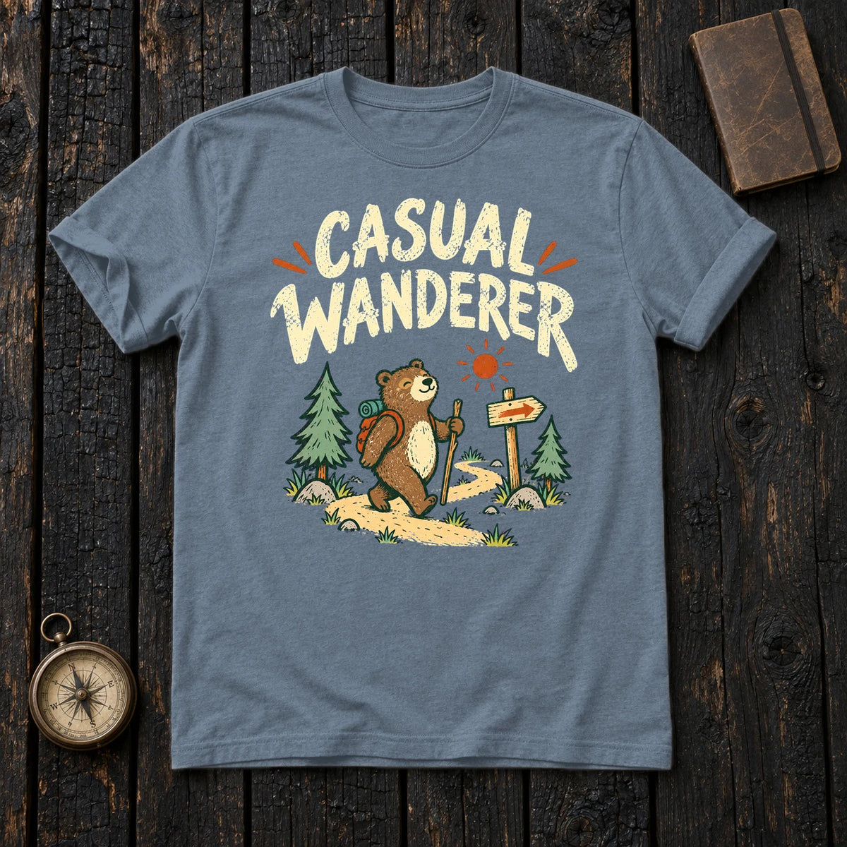 Casual Wanderer Bear Graphic Tee on Heather Indigo Everyday Soft Tee