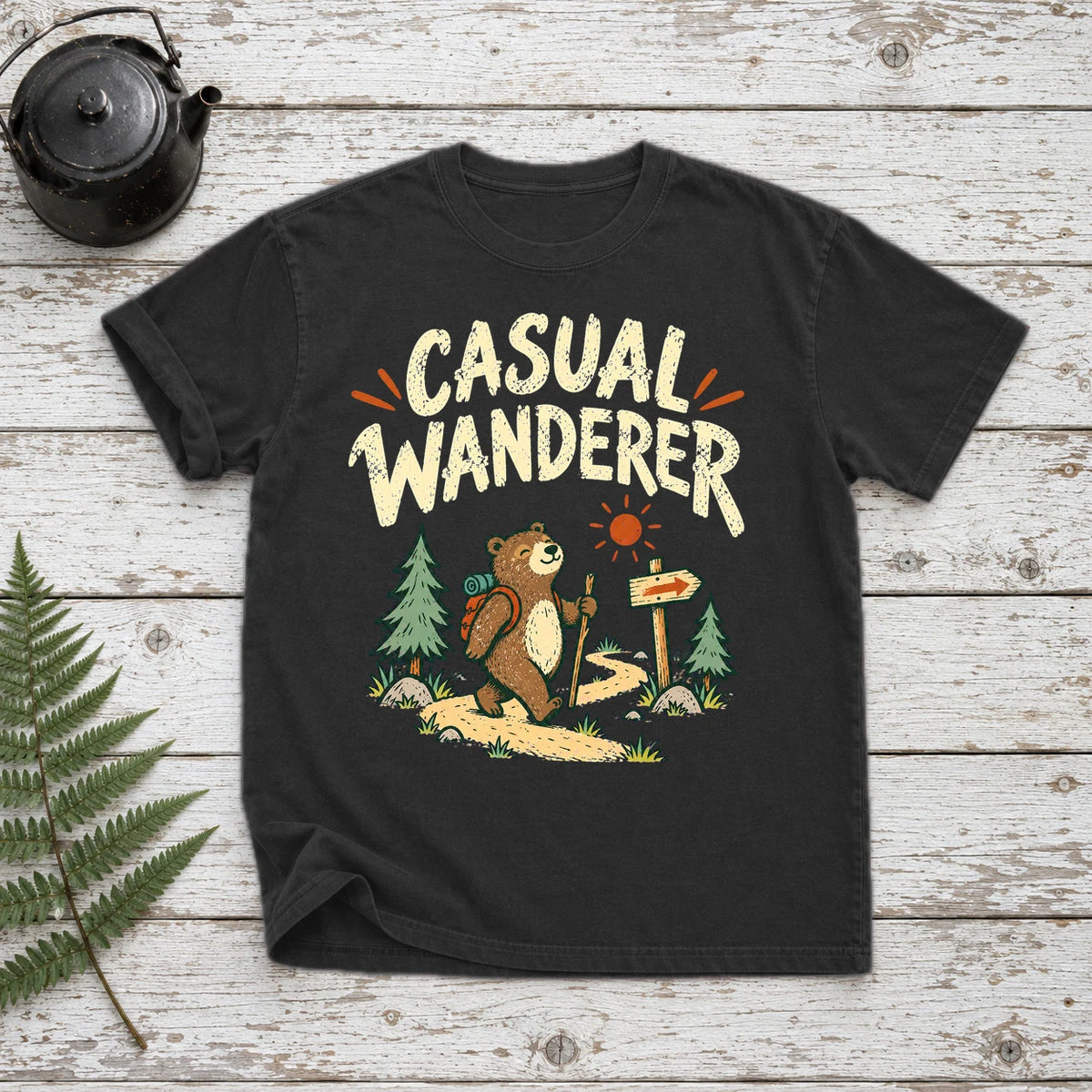 Casual Wanderer Bear Graphic Tee on Black Premium Tee