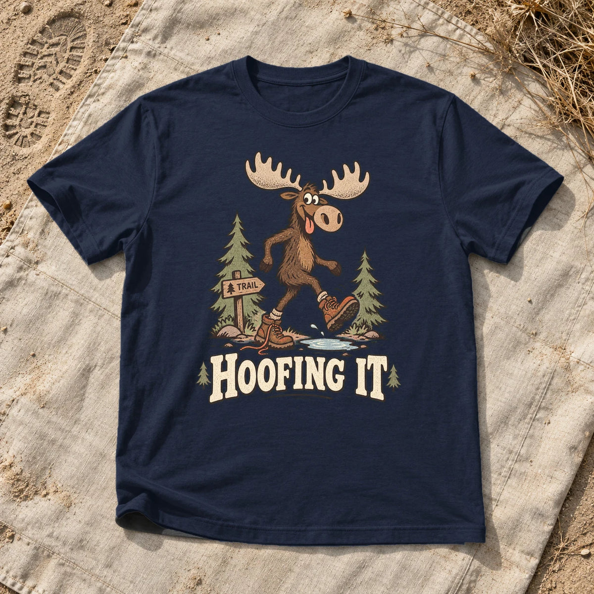 Hoofing It Moose Hiking Graphic Tee on Navy Everyday Soft Tee