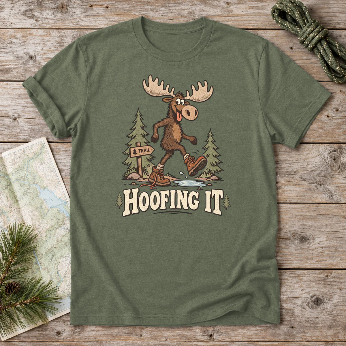 Hoofing It Moose Hiking Graphic Tee on Military Green Everyday Soft Tee